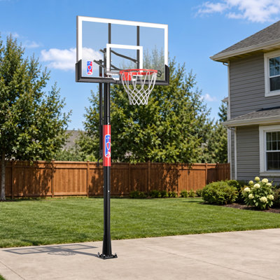 IGL In-Ground Height-Adjustable Outdoor Basketball Hoop, featuring a 54-inch shatter-resistant backboard and adjustable height from 7.5 to 10 feet, suitable for children, teens, and adults