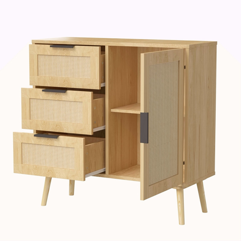 Modern Rattan Wood Dresser Wood Storage Cabinet Sideboard For Bedroom, Living Room, Entryway, Hallway