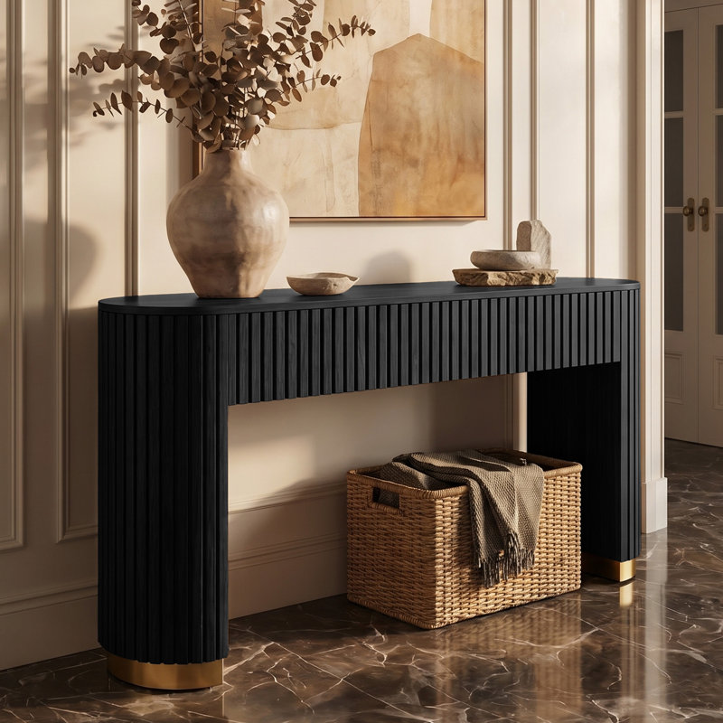Console moderne cannelée avec deux tiroirs et pieds arrondis, Noir mat