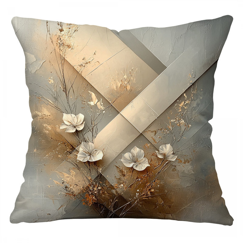 Coussin décoratif à motif floral Golden Flowers Flowers, Carré 16 po