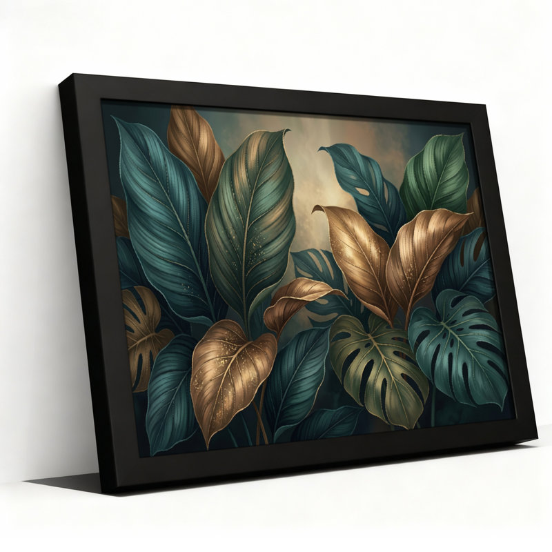 Toile noire encadrée en bois noir pour salon, chambre à coucher, bureau ou vestibule - décoration murale décorative avec feuilles tropicales