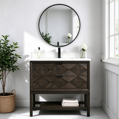 Ensemble de meuble-lavabo sur pied en bois massif brun foncé 36 po avec plateau en marbre d'ingénierie
