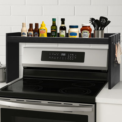 Over The Stove Shelf, Wood Stove Top Shelf,31.5" Stove Top Organizer Shelves with 6 Hooks,11.5" Height,Black