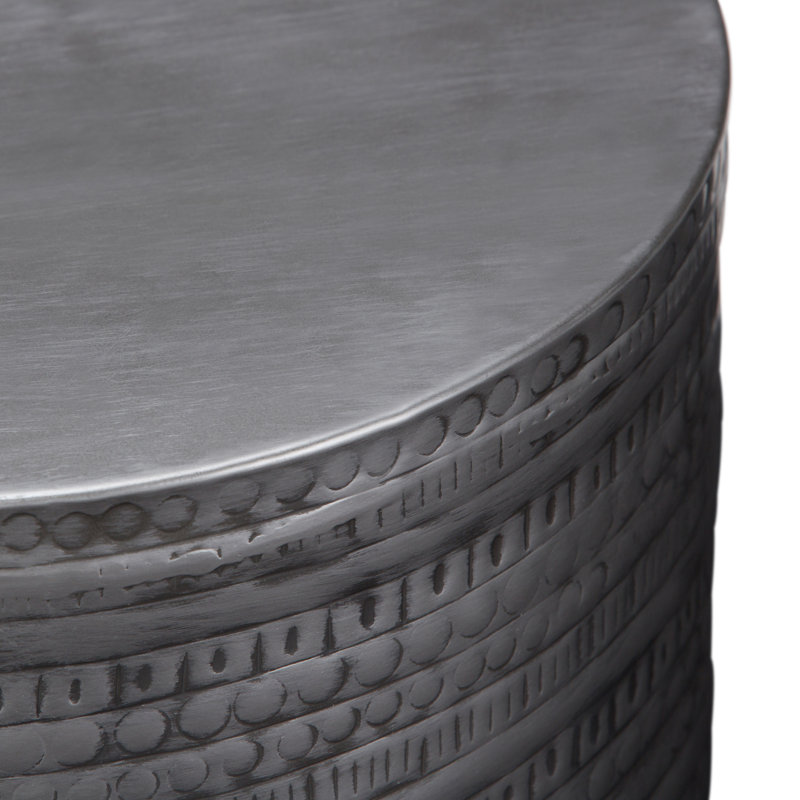Johnsen 15"W Metal Industrial Boho Tribal Pattern Drum End Table with Textured Finish, Assembled, Antique Silver