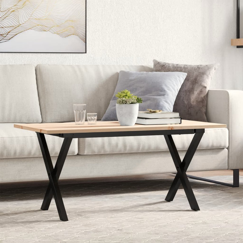 Coffee Table X-Frame Solid Wood Pine And Steel, 45cm H x 90cm W x 40cm D