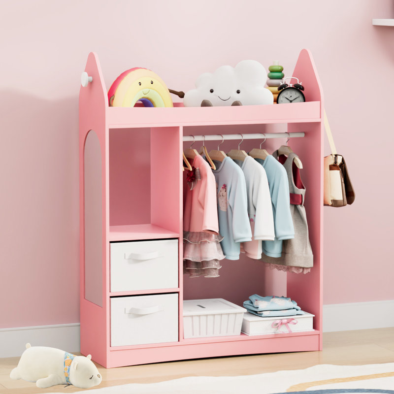 Kids Dress up Rack-Wardrobe Closet with Mirror, Open Kids Wardrobe with 3 Tier Shelf, 2 Storage Drawers, Pink