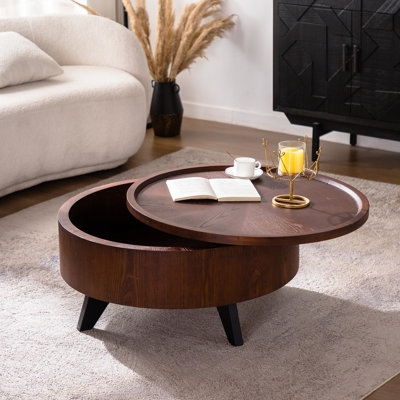 Table basse ronde de 78 cm avec rangement dissimulé - Bois massif et MDF, style moderne du milieu du siècle, fini bois foncé et pieds noirs, idéale pour le salon ou un appartement.