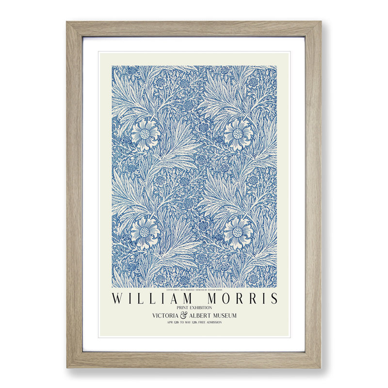 Blue Marigold with Border by William Morris - Picture Frame Painting on MDF, 36cm H x 27cm W x 2cm D, Oak Framed