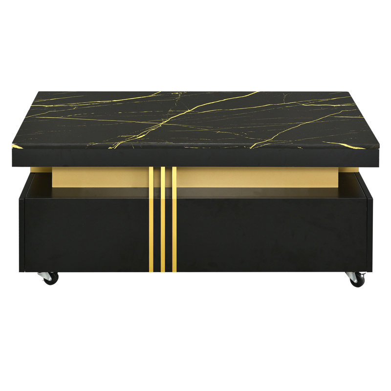 Table rectangulaire noire avec plateau en faux marbre et rangement pour tiroir, café moderne et élégant