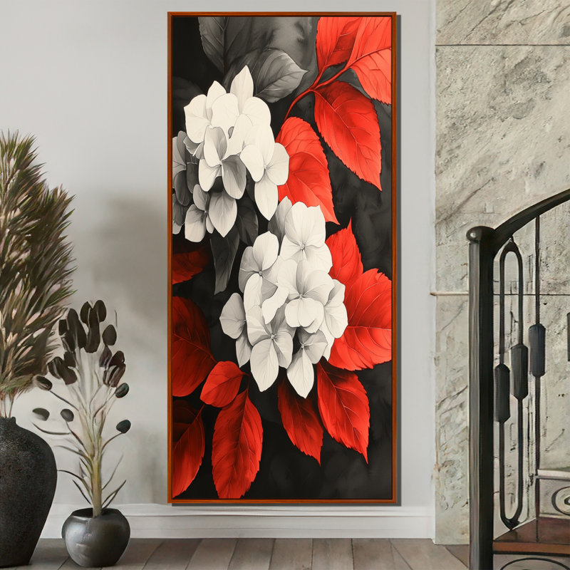 Hortensias monochromes avec feuilles rouges III - art mural d'hortensias pour le salon, 60" H x 28" W, Brown