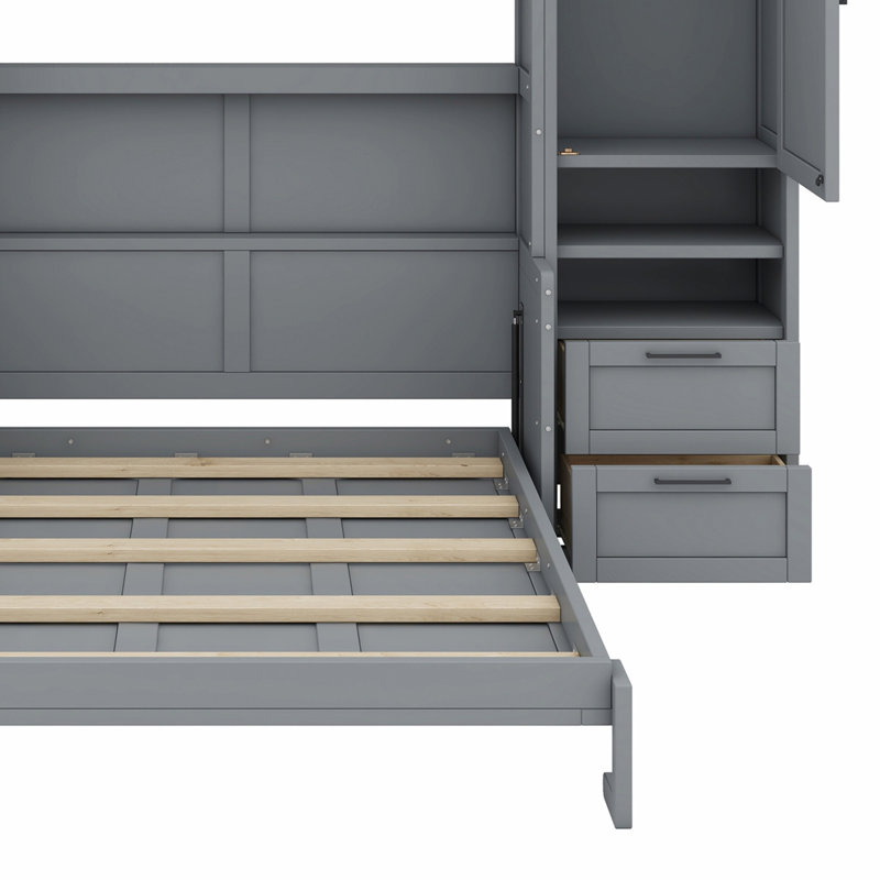 Lit escamotable Murphy avec placard, tiroirs et tablettes, Lit double , gris