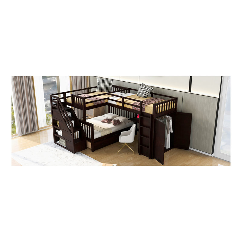 Lit superposé simple au-dessus d'un lit double en L avec 3 tiroirs, bureau portable et garde-robe, espresso, Espresso
