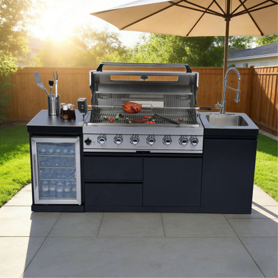 6 brûleurs 85 000 BTU de luxe en acier inoxydable au gaz pour la cuisine en plein air Barbecue au bar Îlot de barbecue Refroidisseur à vin Réfrigérateur compact Rôtissoire en acier inoxydable