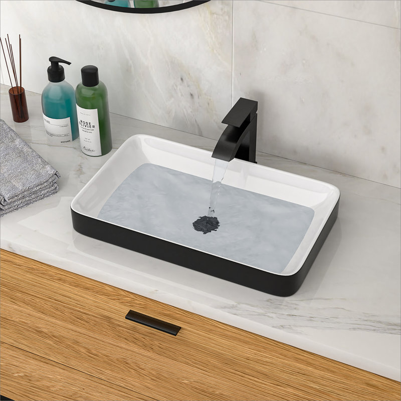 19"x12" White & Black Semi-Recessed Ceramic Bathroom Sink - Countertop Vessel Design
