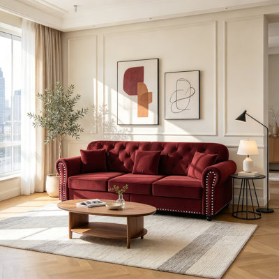 Canapé Chesterfield de 82,6 po avec accoudoirs roulés à garniture cloutée et 3 coussins décoratifs pour le salon 82,6 po