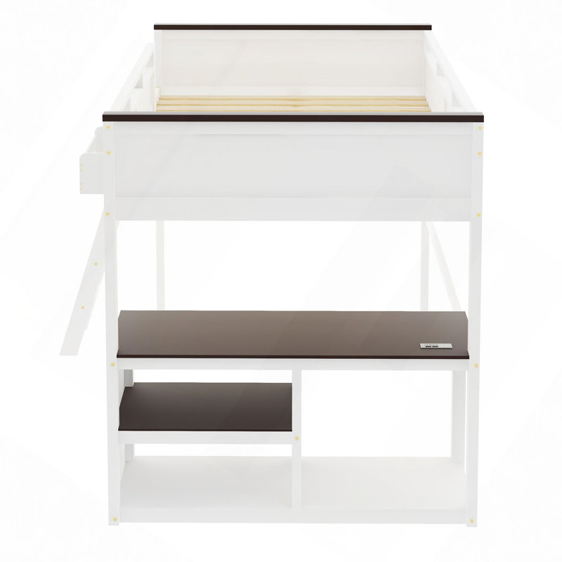 Lit mezzanine avec bureau, tablette ouverte et boîte de rangement, station de charge USB