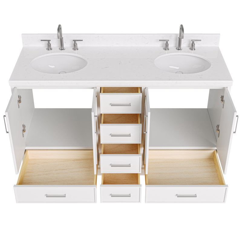 Ensemble de meuble-lavabo double 60,25 po avec plateau en quartz Abshire, Blanc