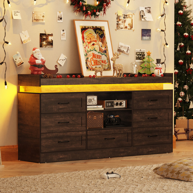 Juventina 70" 7 Drawer Dresser With Power Outlets, LED Lights, And 2 Open Storage Shelves