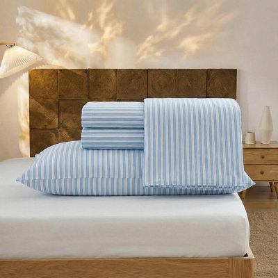 Blue and White Striped Sheet Set King Size, 100% Cotton Fitted Sheet Set with Deep Pockets, Crisp Cool Feeling, Ribbon Stripes Design, 4-Piece All Season Bedding