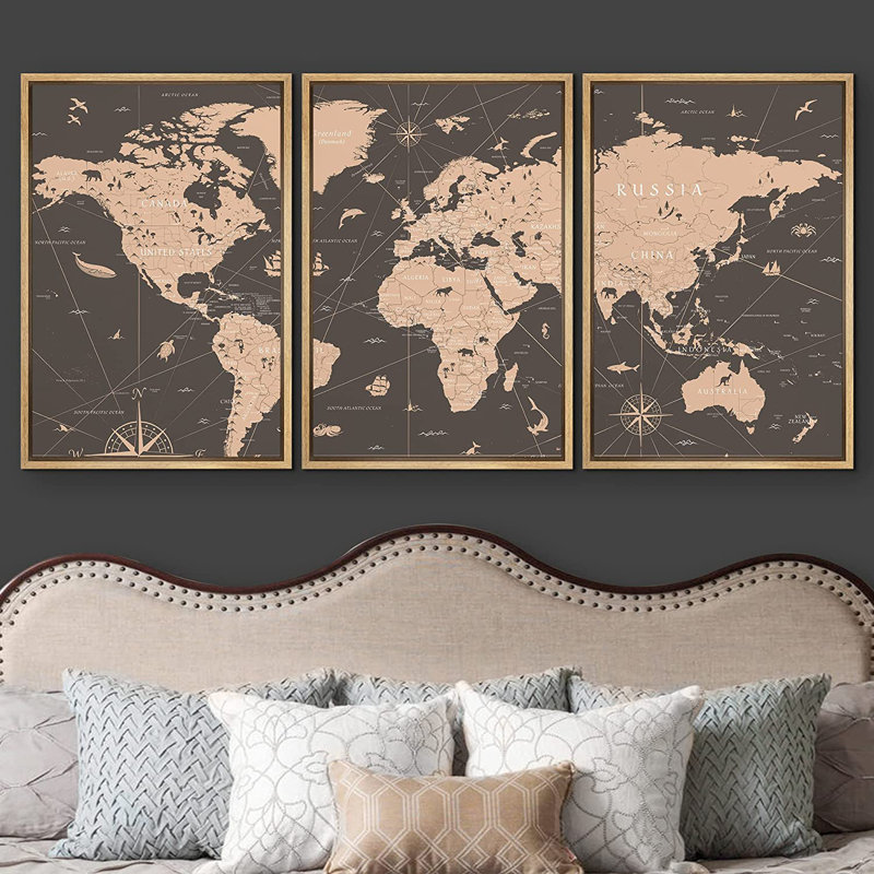 World Map " Sepia World Map Global Country " 3 - Pieces, 36" H x 72" W, Floater Framed Print, Brown