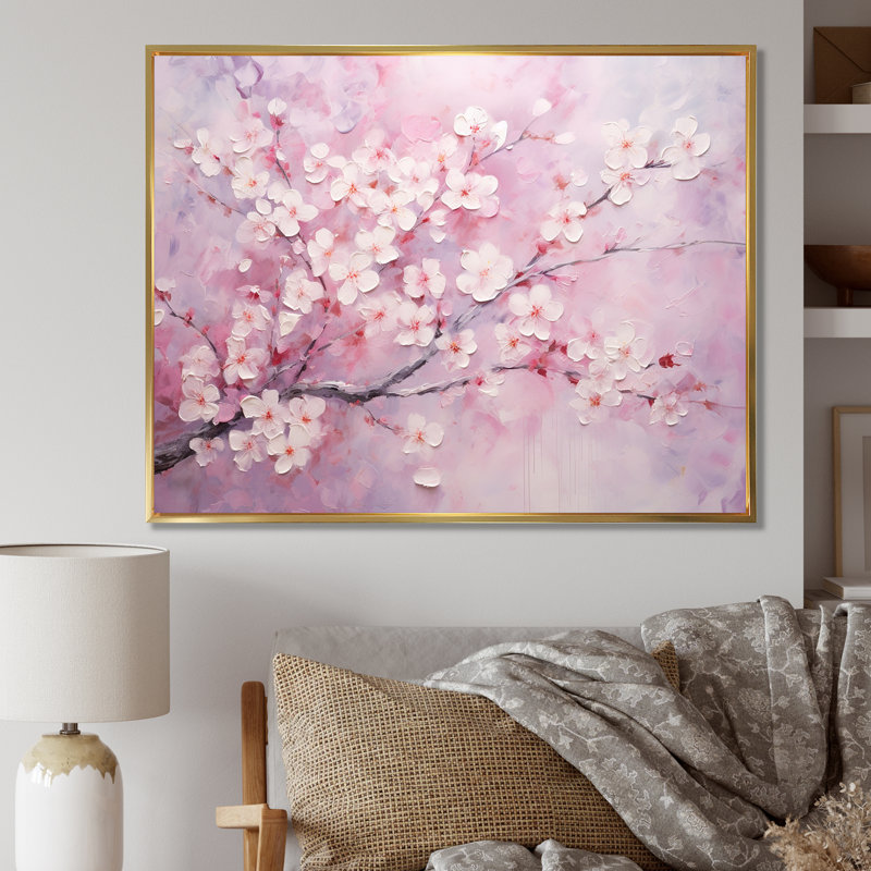 Minimalisme cerisier rose sur toile, Cadre flottant doré, H 16 po x l 32 po x P 1 po