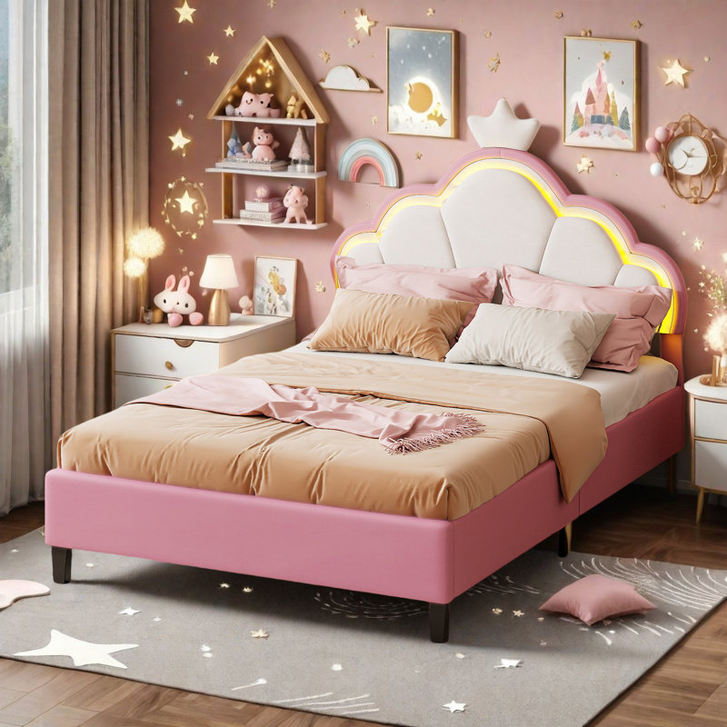 Velvet Crown Bed Frame with Pink Upholstery and Headboard, Single (3')