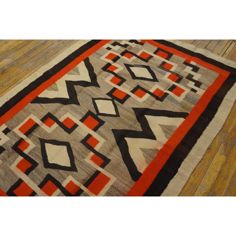 1930s Grey Black Red Antique American Navajo Carpet 4' x 5'8" Flatwoven Wool Rug