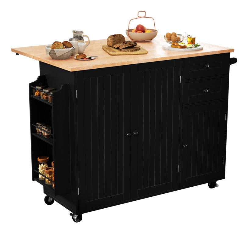 50.9" Farmhouse Rolling Kitchen Island Cart with Foldable Drop-Leaf Wood Countertop, Storage Cabinets, Drawer, Side Spice Rack & Lockable Casters, Mobile Kitchen Prep Island