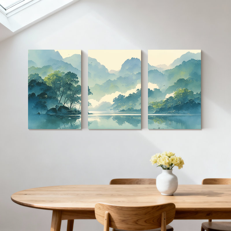 Paysage et nature montagne lac forêt brume réflexion ciel arbres eau ensemble de 3 impressions sur toile, H 30 po x l 60 po