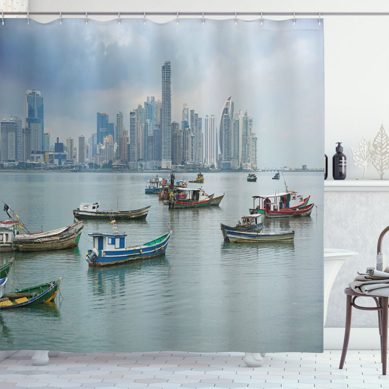 Ambesonne Landscape Shower Curtain Fishing Boats Panama  Multicolor, 84"H x 69"W