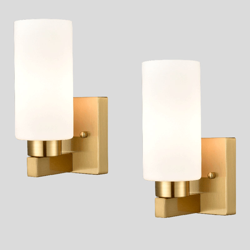 Venice Bathroom Modern Brass Wall Light Milky White Cylinder Glass Set Of 2, Laiton antique
