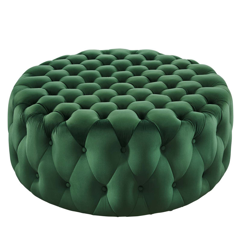 Modway Amour Tufted Button Large Round Performance Velvet Ottoman, Emerald Velvet