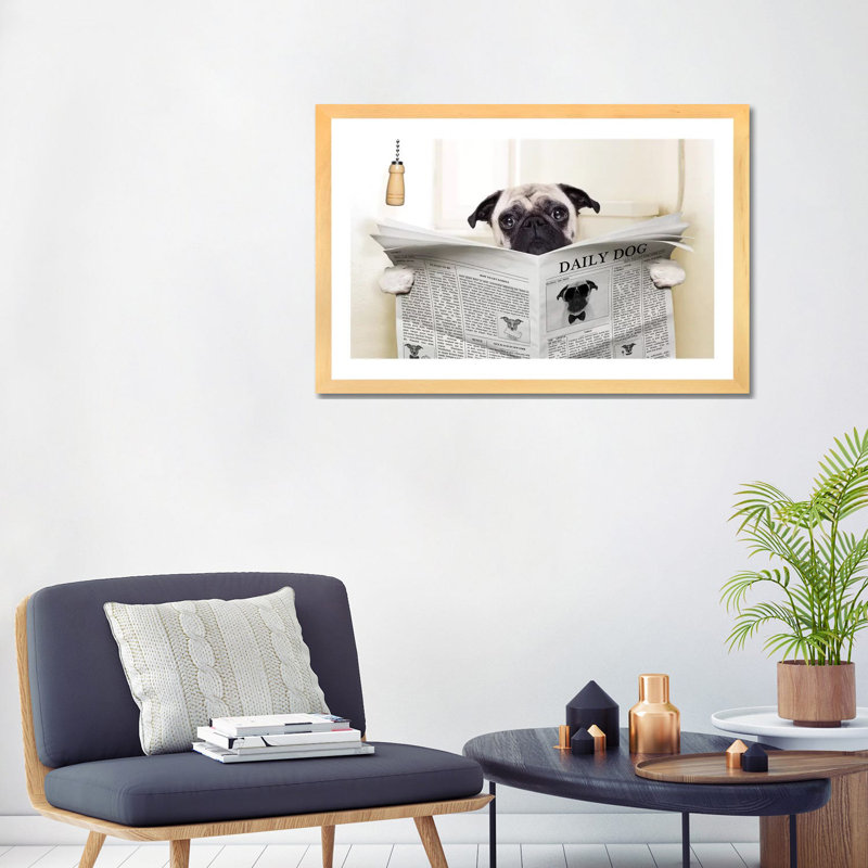 Toilette pour chien-impression d’art graphique, Toile avec cadre en bois beige, Blanc, H 24 po x l 32 po x P 1 po
