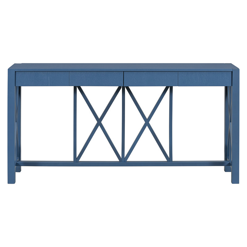 U_Style 60''Acacia Veneer Console Table With 4 Spacious Drawers, Navy Blue 