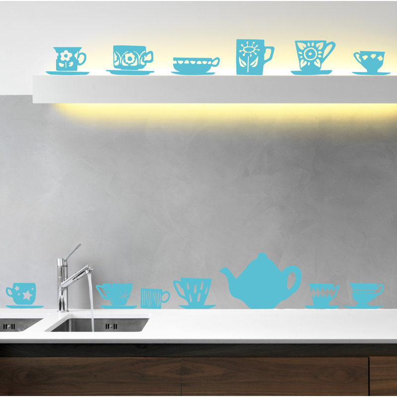 Décalcomanie murale tasses de thé, H 32 po x l 33 po x P 0,01 po, Bleu geyser