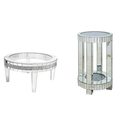 Table basse ronde ronde + ensemble de 2 tables de bout cylindriques en miroir