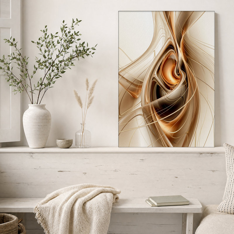 Rubans de bronze métallisé sur toile beige, tableau mural, H 24 po x l 16 po