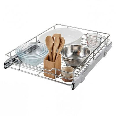 Plus besoin de creuser pour les casseroles et les poêles: tablette d'armoire coulissante robuste, glissière à fermeture en douceur à pleine extension, capacité de 50 lb, finition chromée résistante à la rouille, rangement sous le lavabo, argent, 12 po x 21 po
