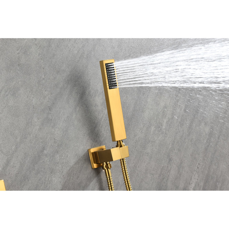 Système de douche de salle de bain avec tête haute rectangulaire et main - Garniture laiton doré