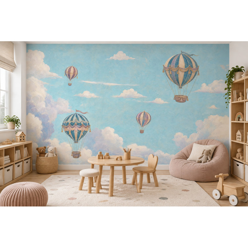 Murale de papier peint rétro avec montgolfières, 140 po x 108 po, Texturé non collé