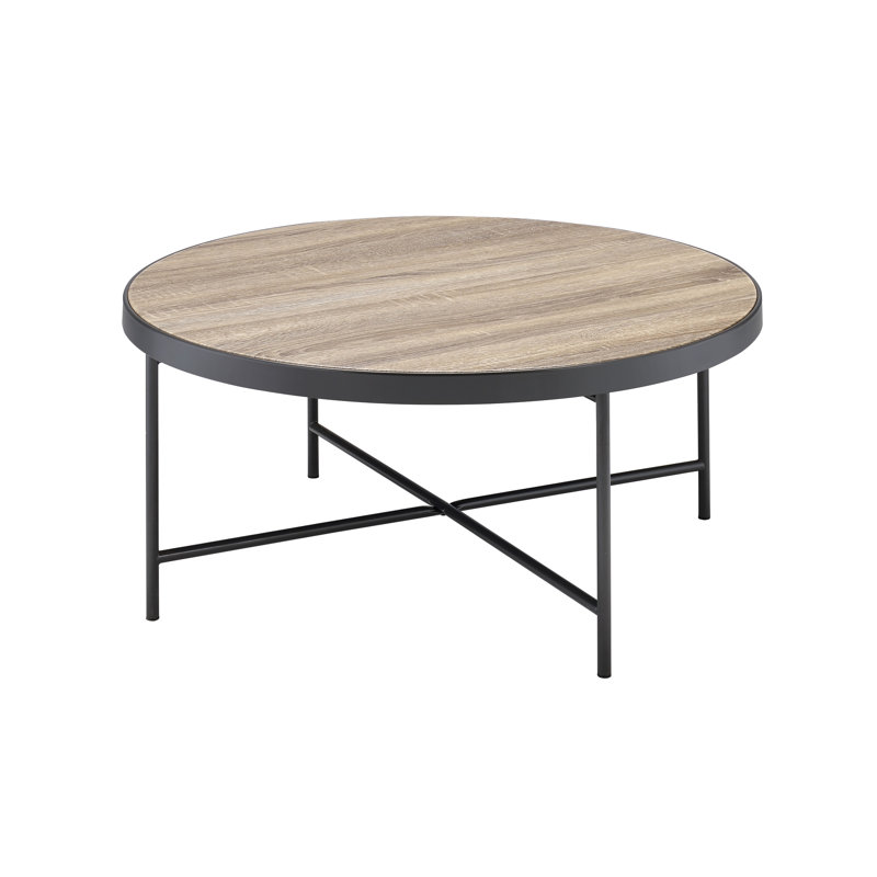 Table basse industrielle avec base en métal et placage de chêne gris vieilli