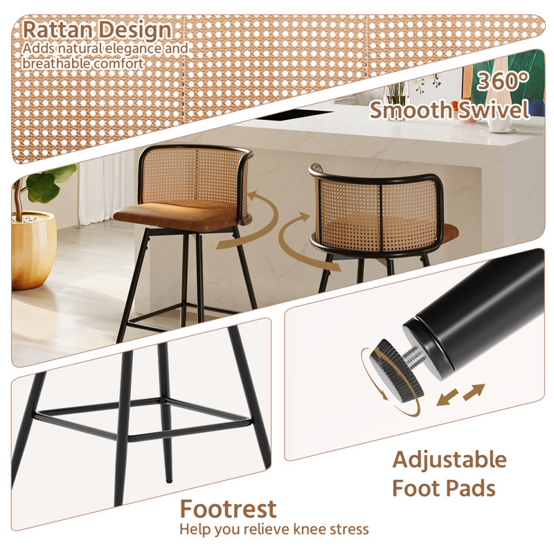 26"H Rattan Swivel Bar Stools Set Of 4, Brown