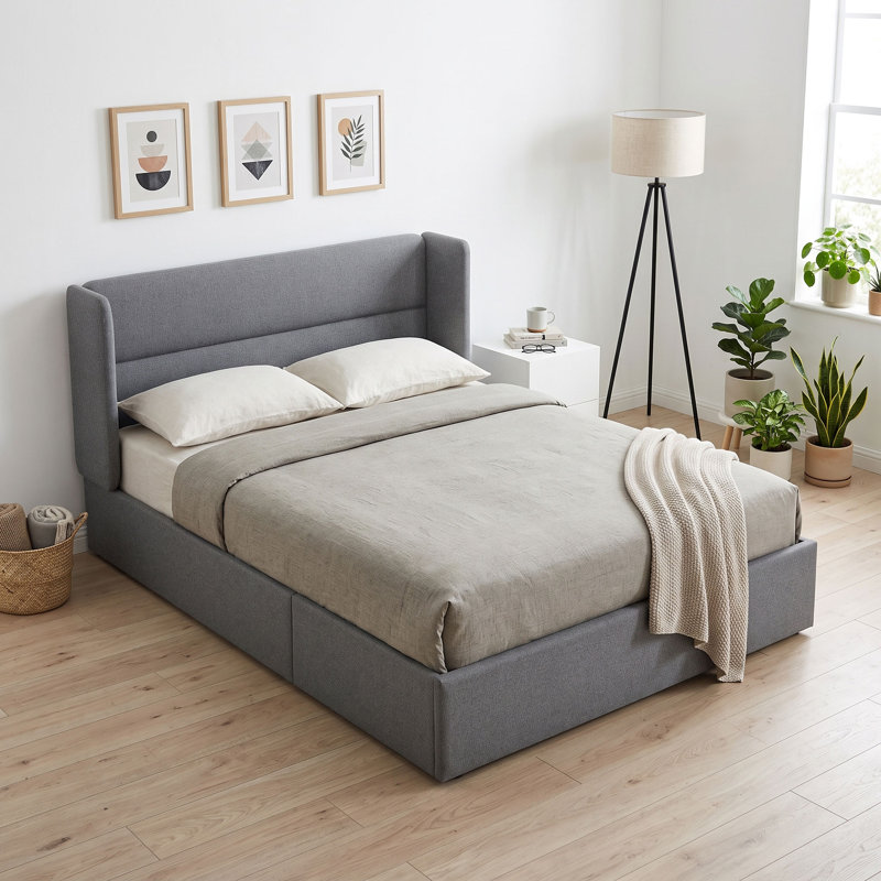 Lit plateforme tapissier avec rangement Gaillarde, Double, Gris olive clair