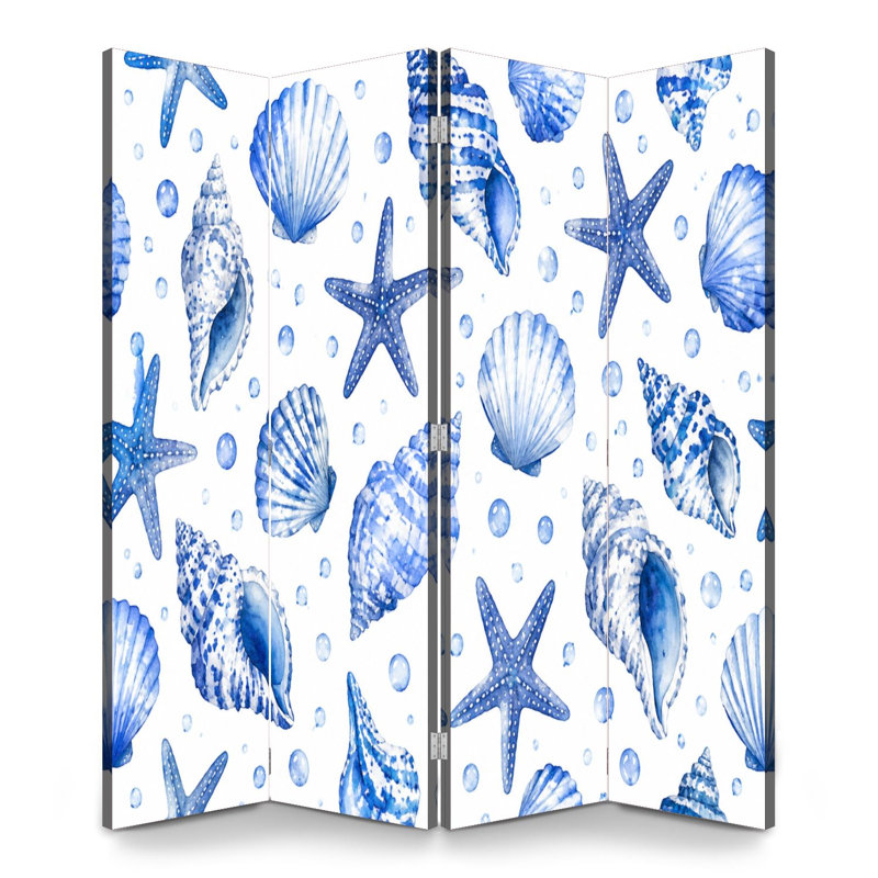 Paravent pliant à 4 panneaux, motif coquillages et étoiles de mer bleu marine, séparateur de pièce autoportant en toile, cloison de protection pour salle de bain, séparation d'intimité