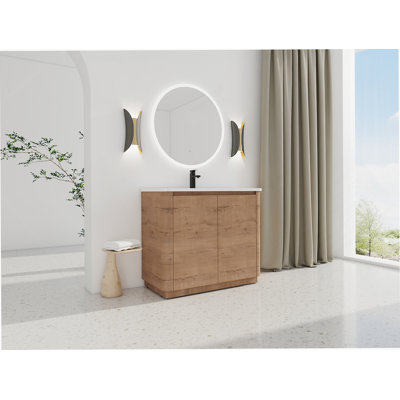 Meuble-lavabo autoportant de 40 po avec lavabo en céramique blanche et 2 portes à fermeture douce, emballage KD, contreplaqué