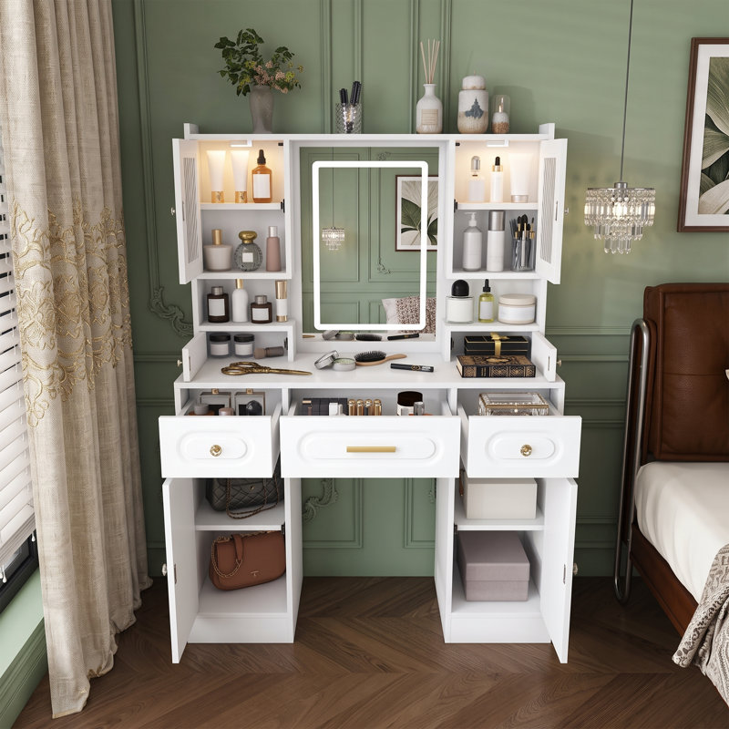 Ensemble de coiffeuse moderne de 99 cm avec miroir et éclairage, table de toilette fonctionnelle avec prise électrique intégrée, blanc