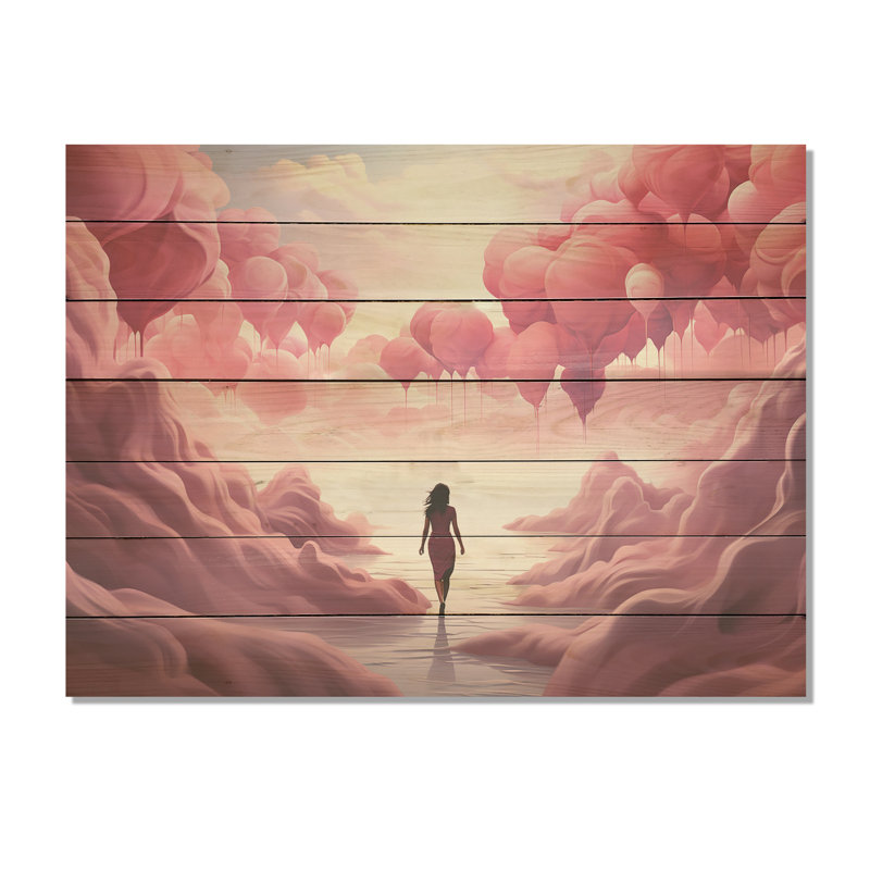 Ballon à air rose et blanc Solitude II - Paysage abstrait sur bois, H 10 po x l 20 po x P 0,78 po