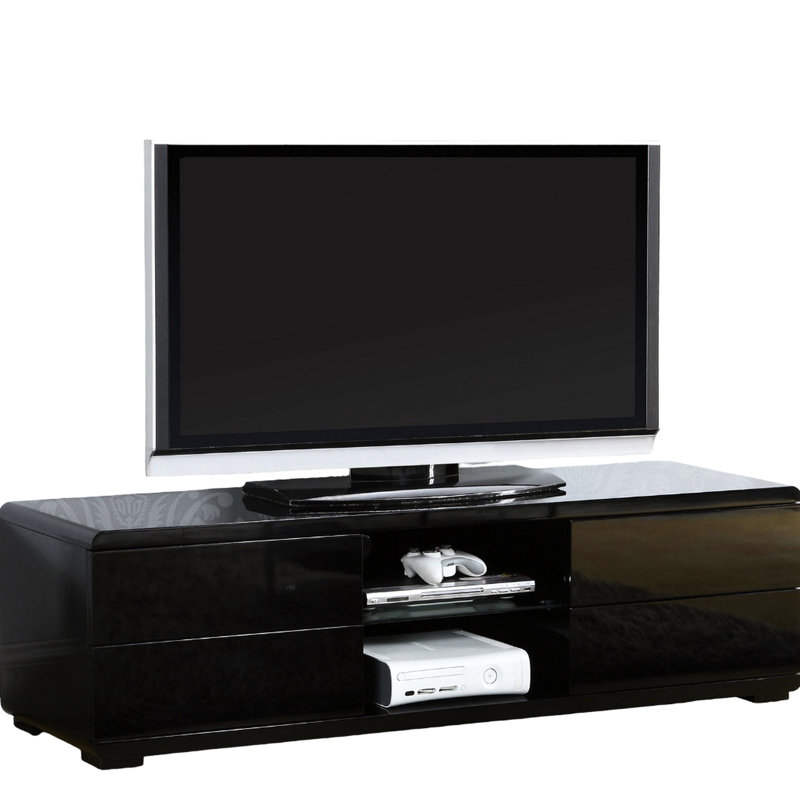 Console contemporaine noire avec revêtement laqué ultrabrillant, tiroirs pleine extension et gestion des câbles arrière, profondeur de 15,31 pouces