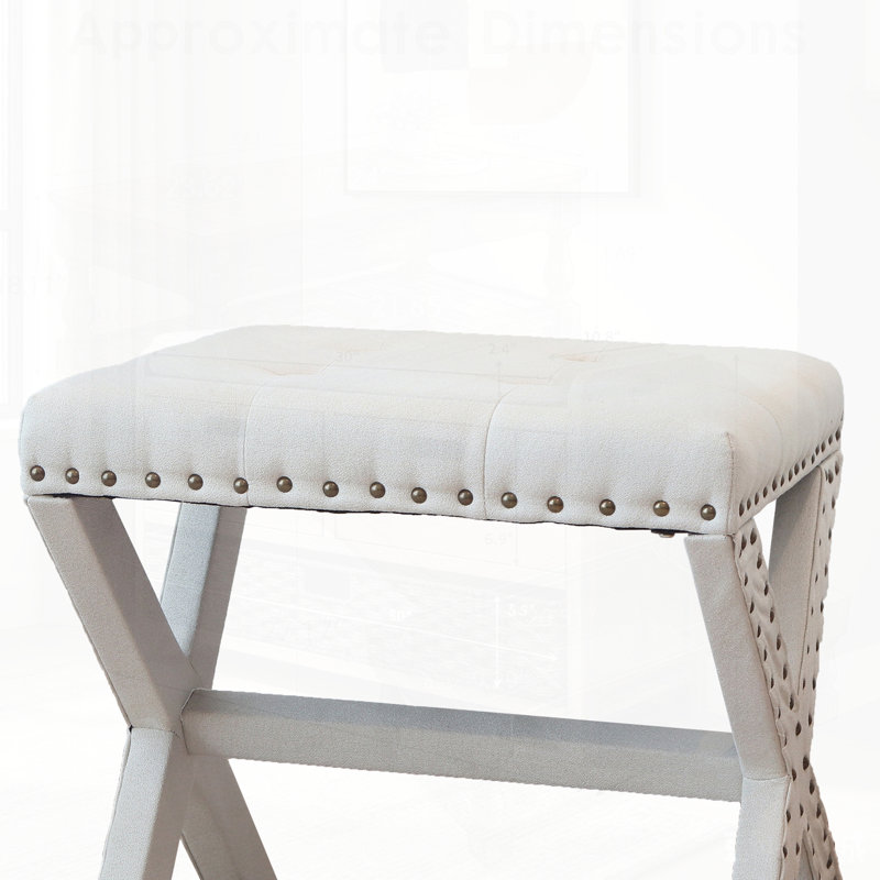 Tabouret d'appoint, chaise rembourrée en lin capitonnée avec siège en bois à base en X et garniture cloutée élégante pour les intérieurs modernes