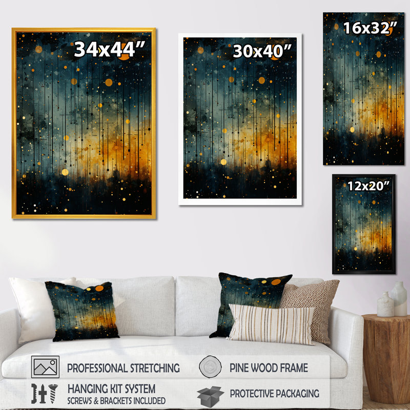 «Yellow Astral Murmurs Landscape», art mural abstrait, Cadre simple noir, H 20 po x l 12 po x P 1 po